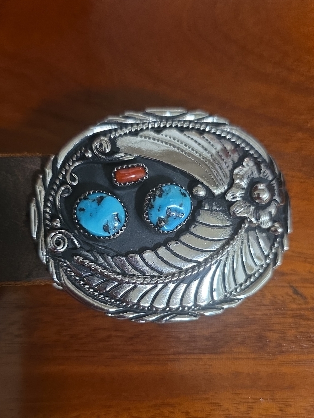 Men's Silver Western Belt Buckle with Turquoise and Coral Accents